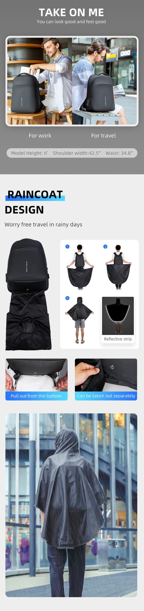 Anti-thief Waterproof backpack 15.6 inch for laptop