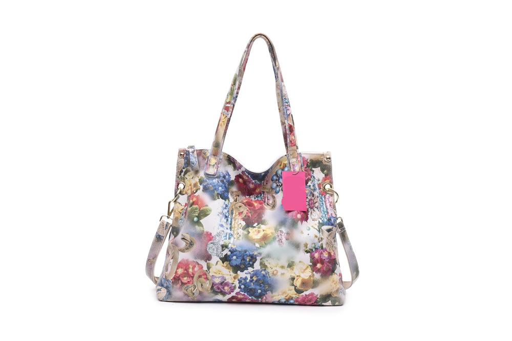Designer shoulder bag with floral print for women.
