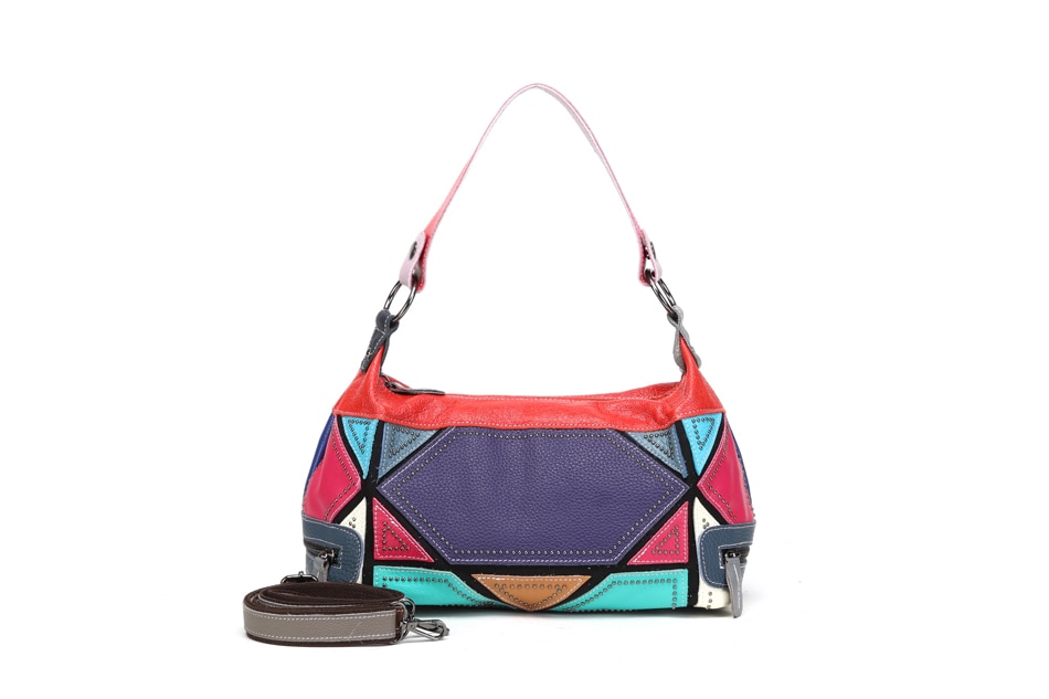 Colorful patchwork style genuine leather bag for women.