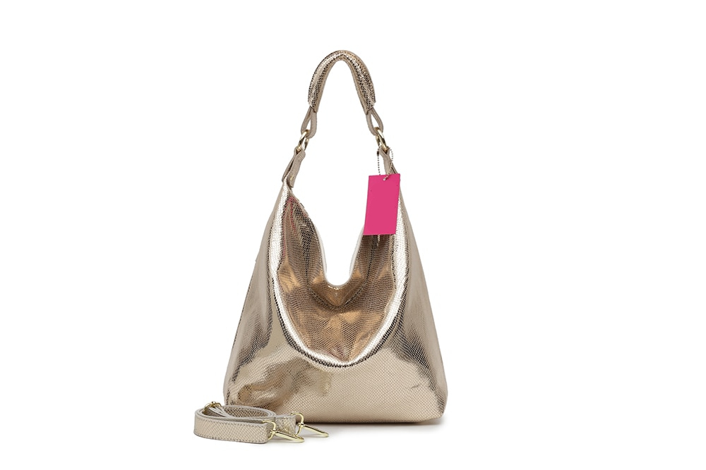 Shiny natural leather hobo bag with uniform pattern for women.