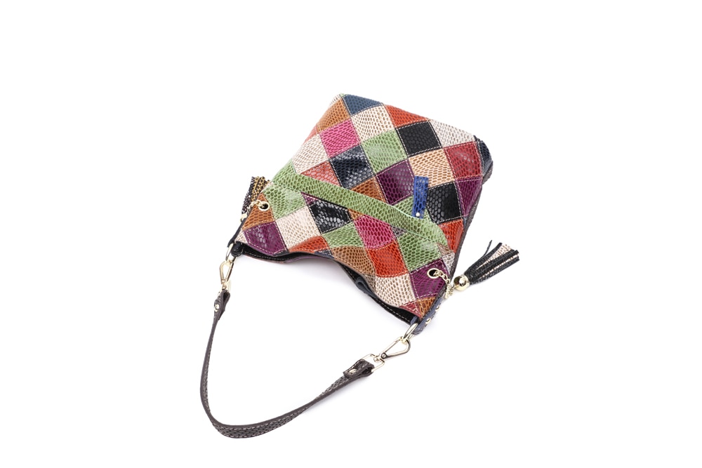 Elegant patchwork with cow leather shoulder bag for woman.