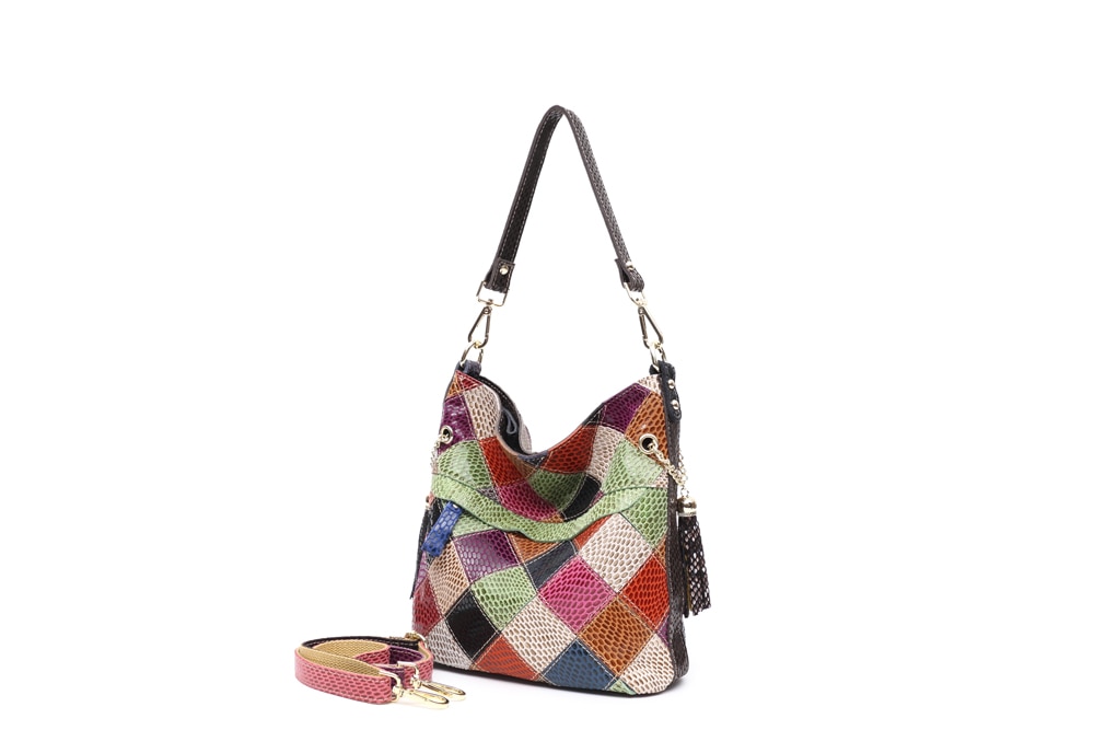 Elegant patchwork with cow leather handbag for woman.